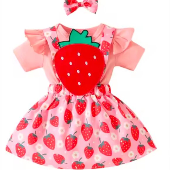 Strawberry Dress Jumpsuit Strawberry First Birthday One Berry Bodysuit clothes - Picture 1 of 5